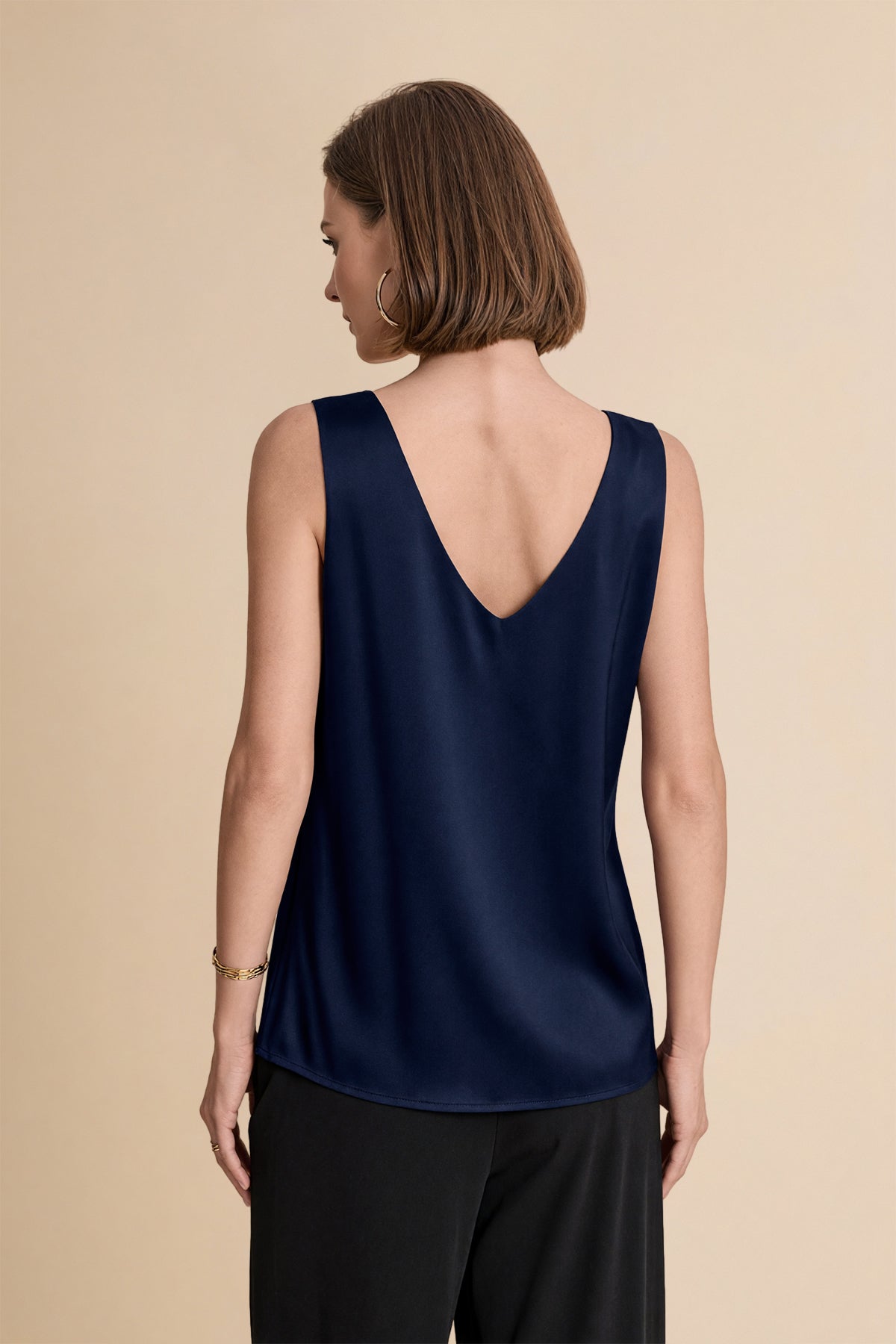 Womens Navy V Neck Satin Tank Tops  | CicyBell