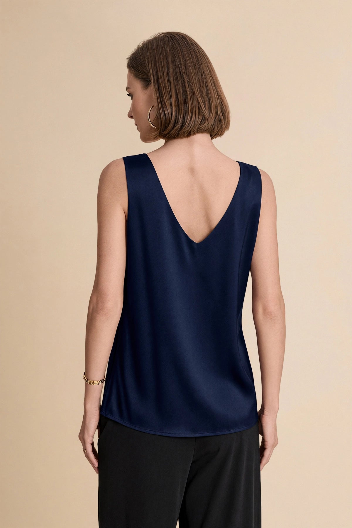 Womens Navy V Neck Satin Tank Tops  | CicyBell