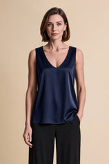 Womens Navy V Neck Satin Tank Tops  | CicyBell