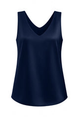 Womens Navy V Neck Satin Tank Tops  | CicyBell