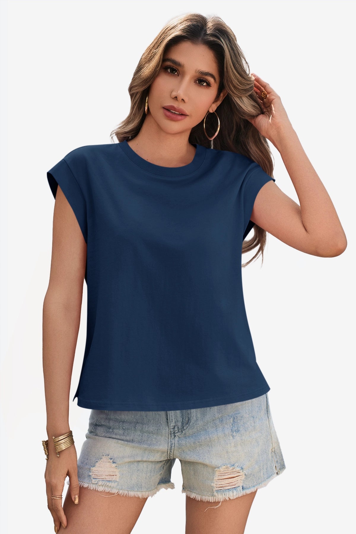 Cicy Bell Womens Navy Cap Sleeve Shirts