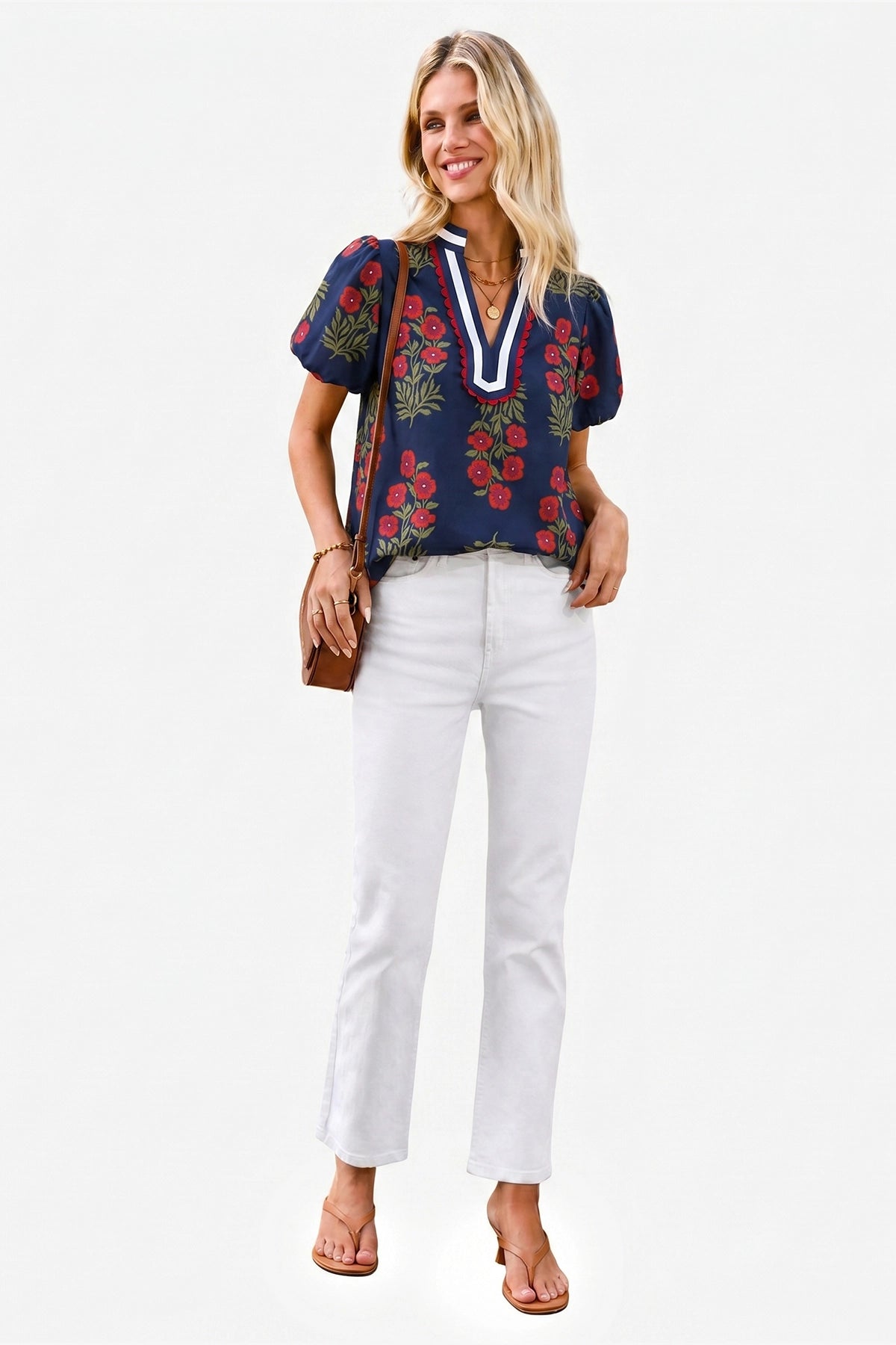 Womens Navy Floral Short Puff Sleeve Tops  | CicyBell