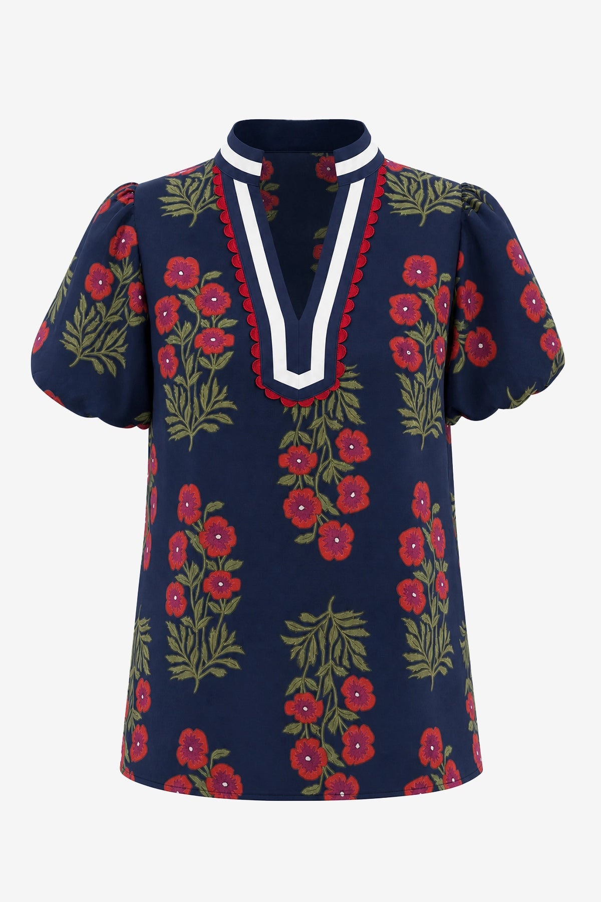 Womens Navy Floral Short Puff Sleeve Tops  | CicyBell