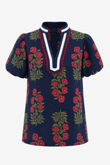 Womens Navy Floral Short Puff Sleeve Tops  | CicyBell