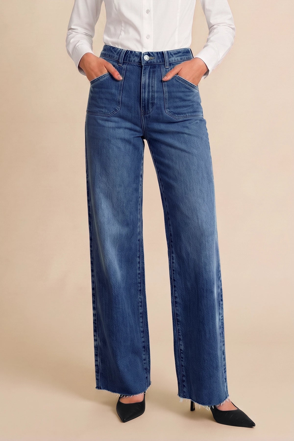 Womens Navy High Waisted Wide Leg Jeans | CicyBell