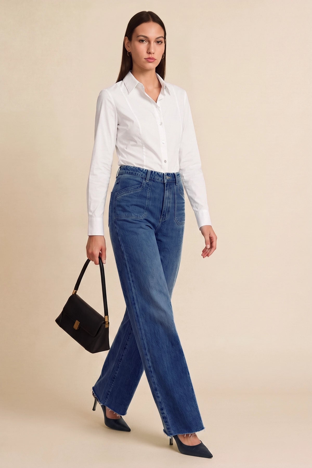 Womens Navy High Waisted Wide Leg Jeans | CicyBell