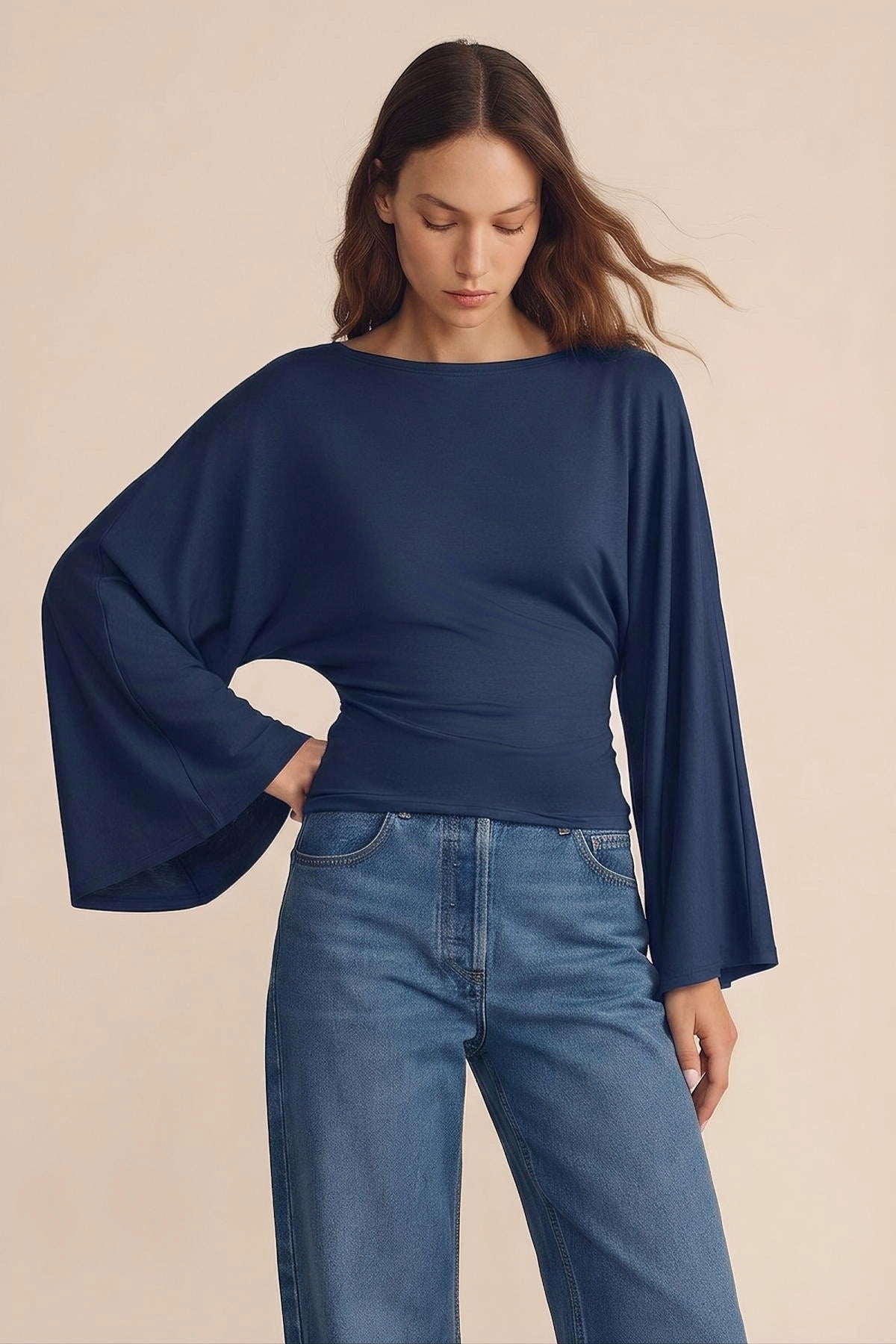 Women Navy Long Sleeve Wrap Tops | CicyBell