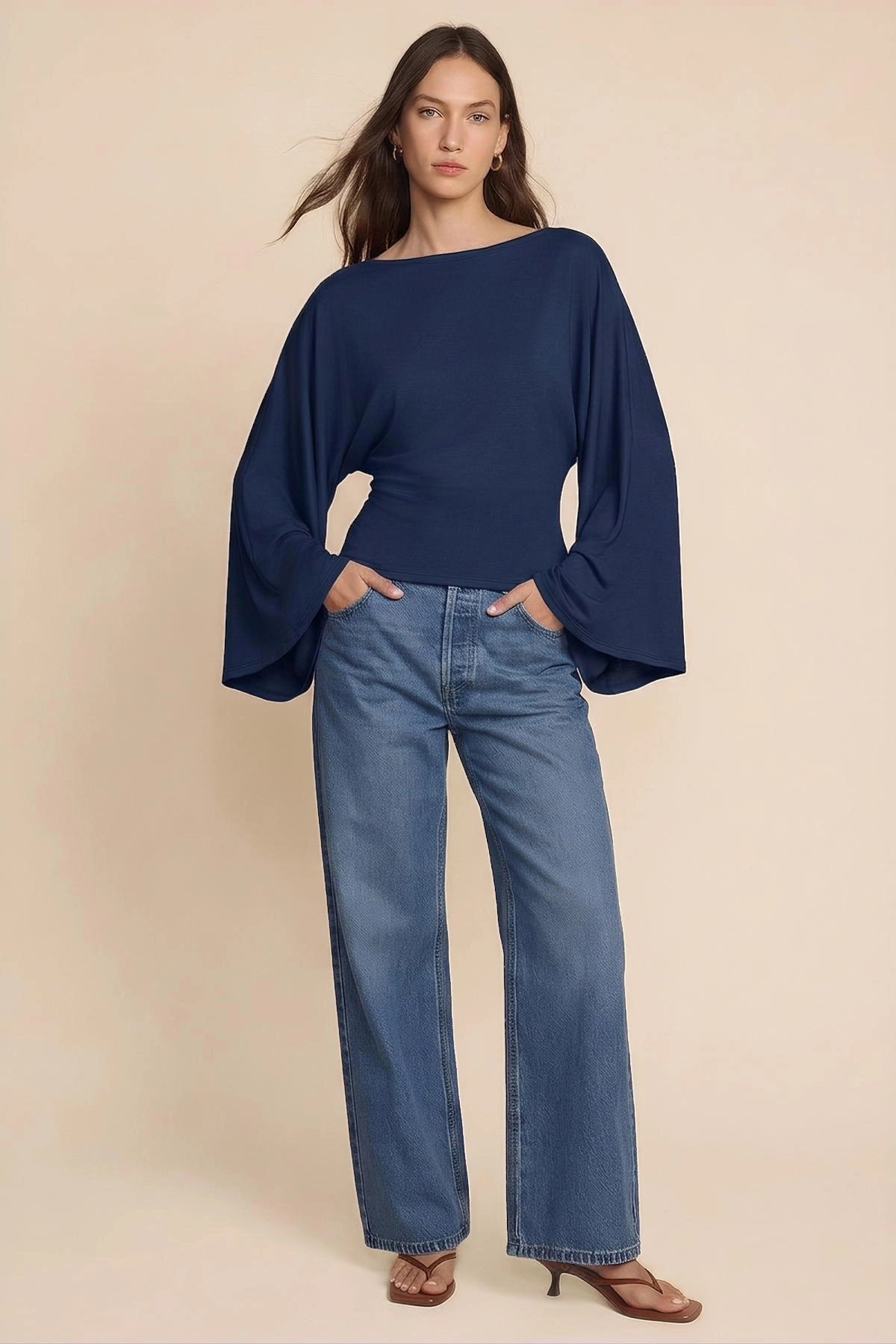 Women Navy Long Sleeve Wrap Tops | CicyBell