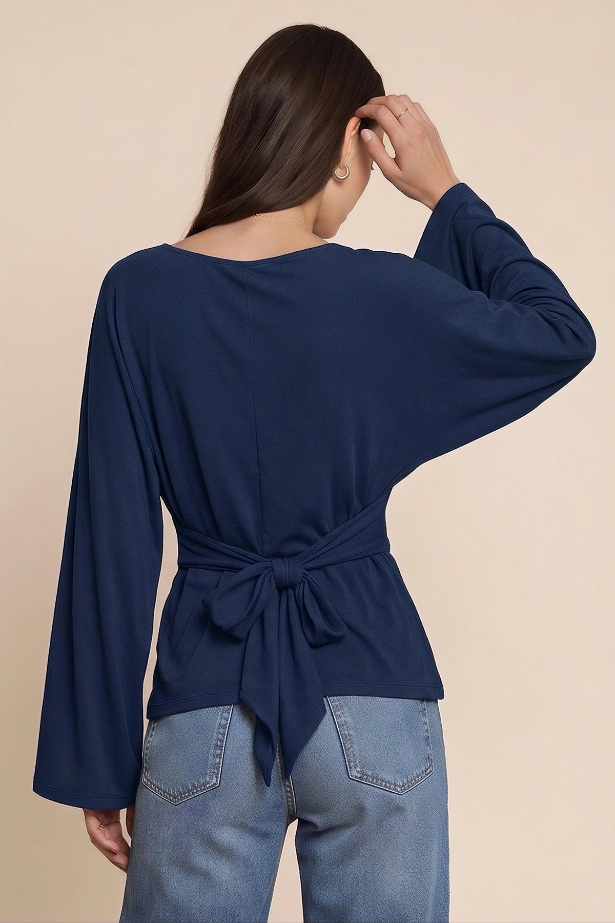 Women Navy Long Sleeve Wrap Tops | CicyBell