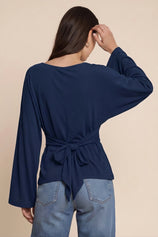 Women Navy Long Sleeve Wrap Tops | CicyBell