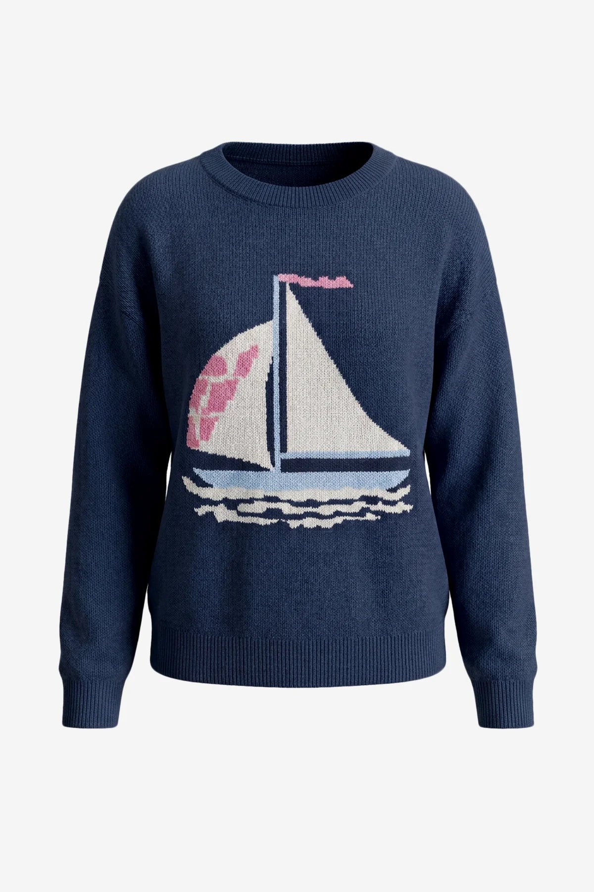 Womens Navy Blue Boat Graphic Knit Sweaters | CicyBell