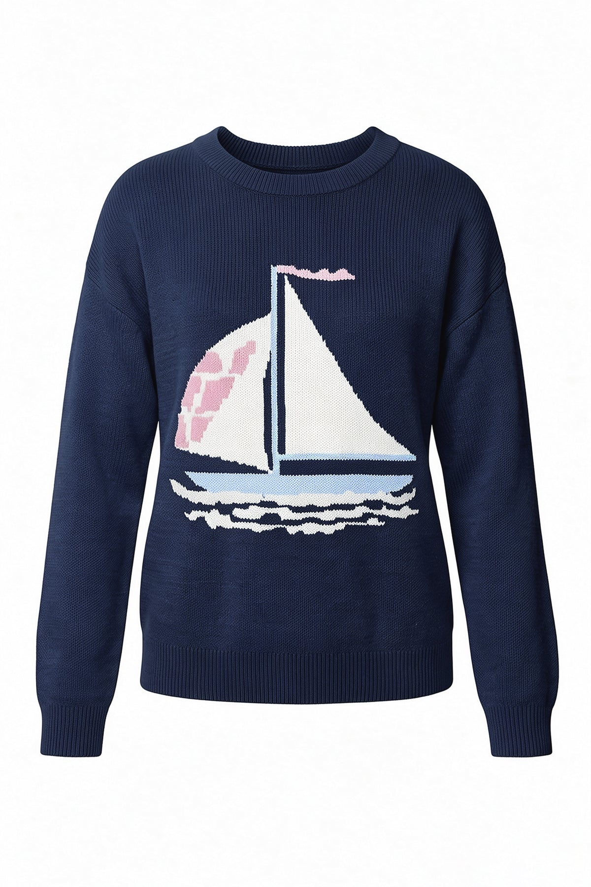 Womens Navy Blue Boat Graphic Knit Sweaters | CicyBell