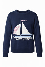 Womens Navy Blue Boat Graphic Knit Sweaters | CicyBell
