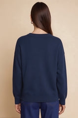 Womens Navy Blue Boat Graphic Knit Sweaters | CicyBell