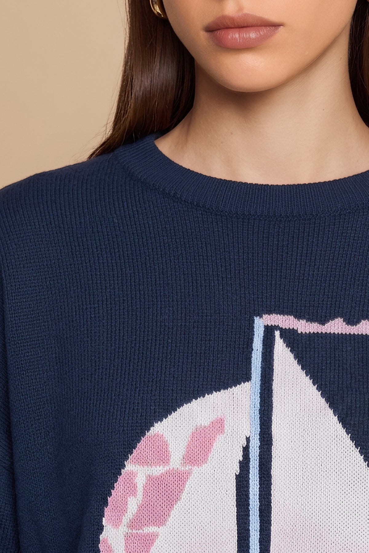 Womens Navy Blue Boat Graphic Knit Sweaters | CicyBell