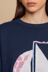 Womens Navy Blue Boat Graphic Knit Sweaters | CicyBell