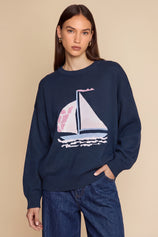 Womens Navy Blue Boat Graphic Knit Sweaters | CicyBell