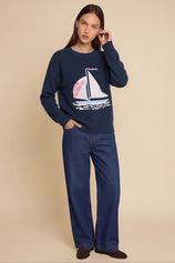 Womens Navy Blue Boat Graphic Knit Sweaters | CicyBell