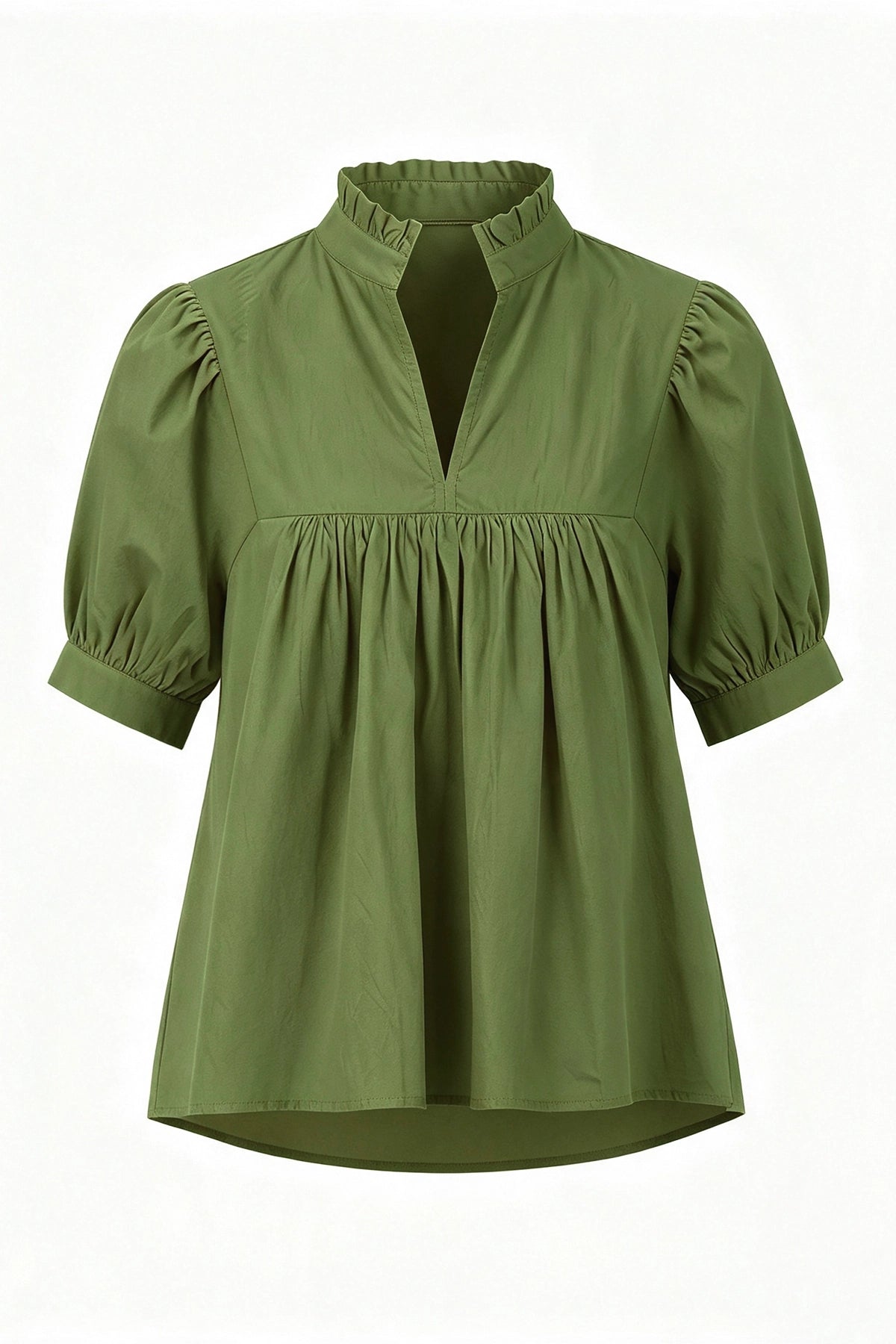 Womens Olive Green Puff Sleeve V Neck Blouse | CicyBell