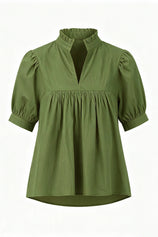 Womens Olive Green Puff Sleeve V Neck Blouse | CicyBell