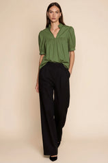Womens Olive Green Puff Sleeve V Neck Blouse | CicyBell