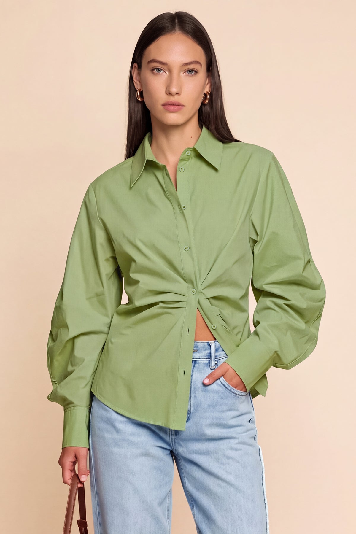 Womens Olive Green Ruched Button Down Shirts | CicyBell