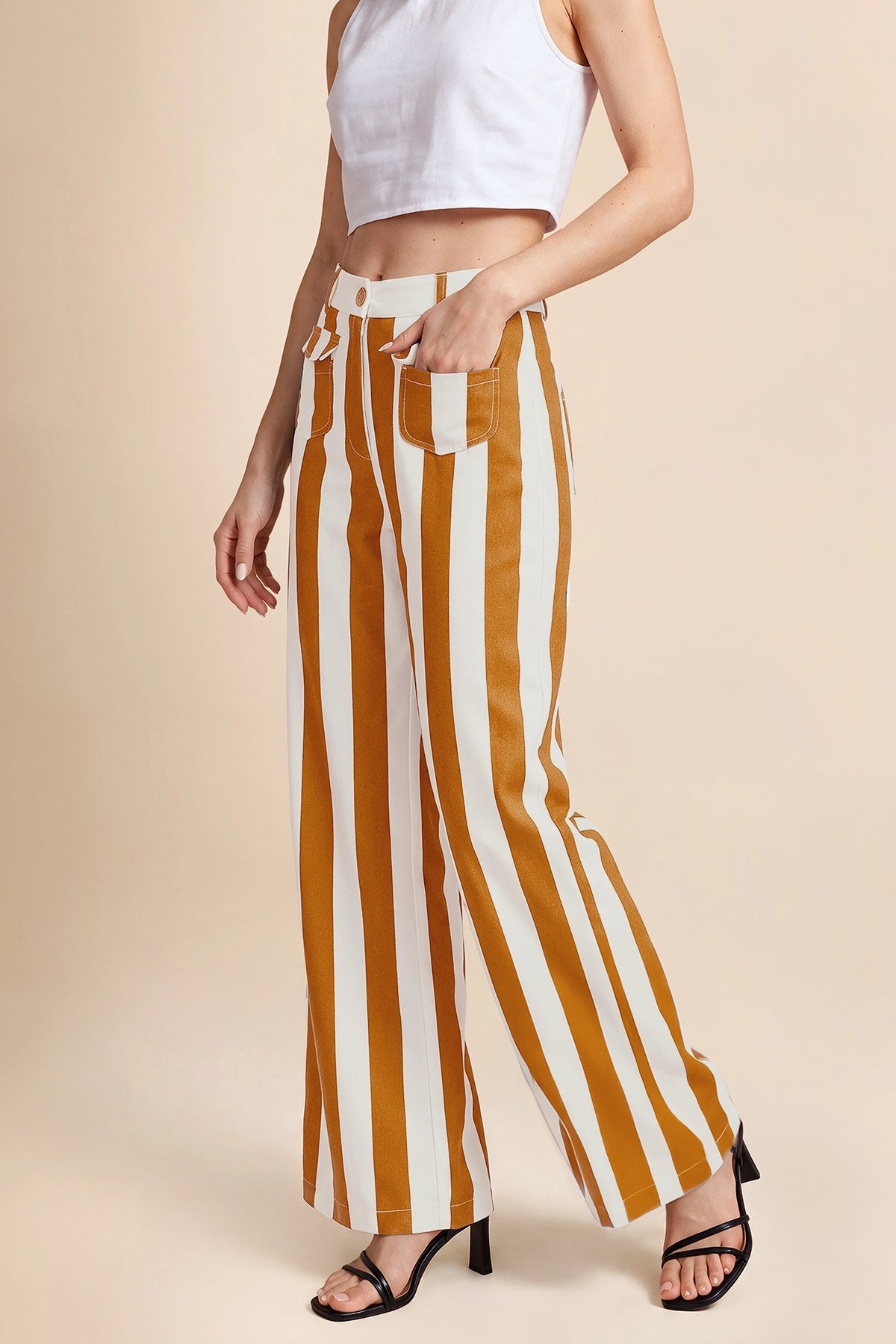 Womens Orange Striped Wide Leg Jeans | CicyBell