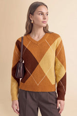 Womens Orange V Neck Argyle Sweaters | CicyBell