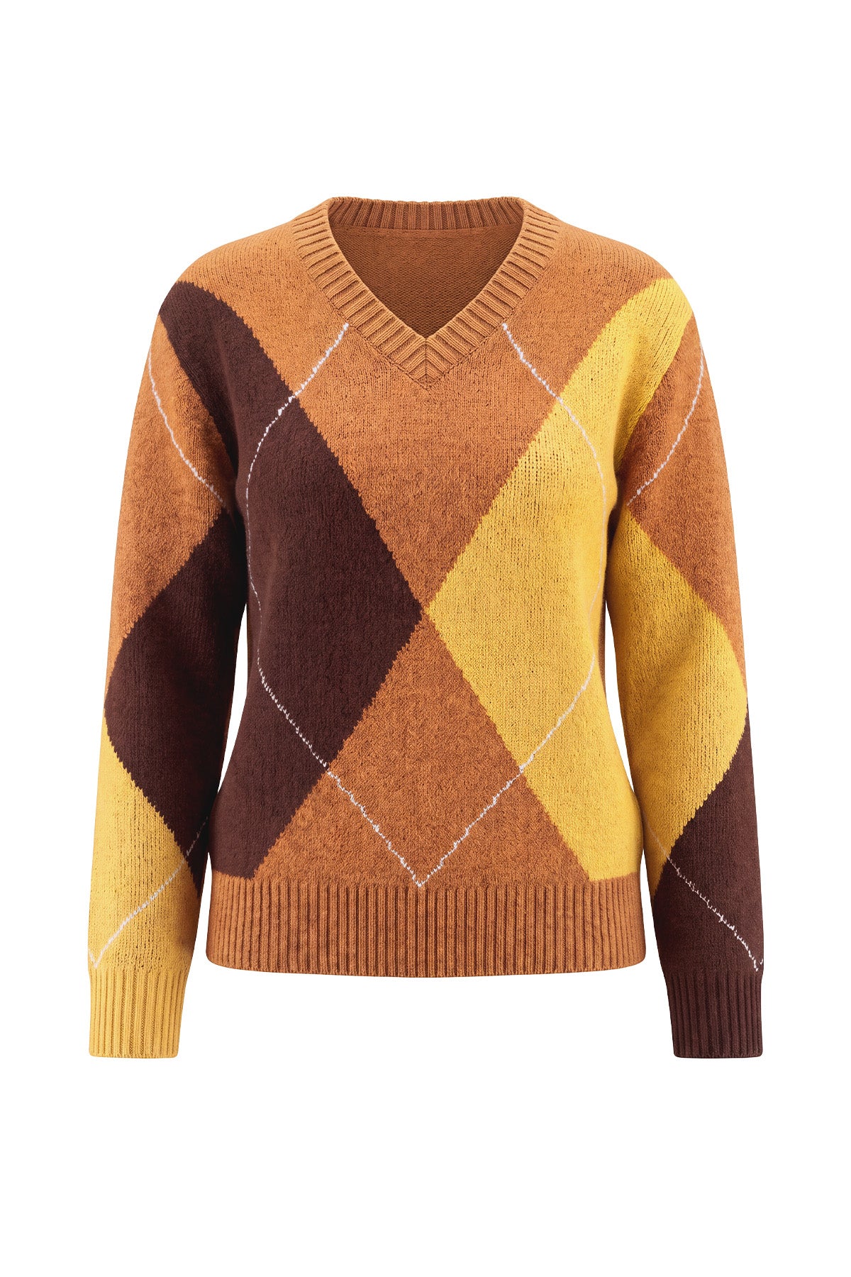 Womens Orange V Neck Argyle Sweaters | CicyBell