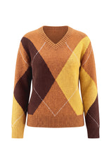 Womens Orange V Neck Argyle Sweaters | CicyBell
