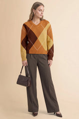 Womens Orange V Neck Argyle Sweaters | CicyBell