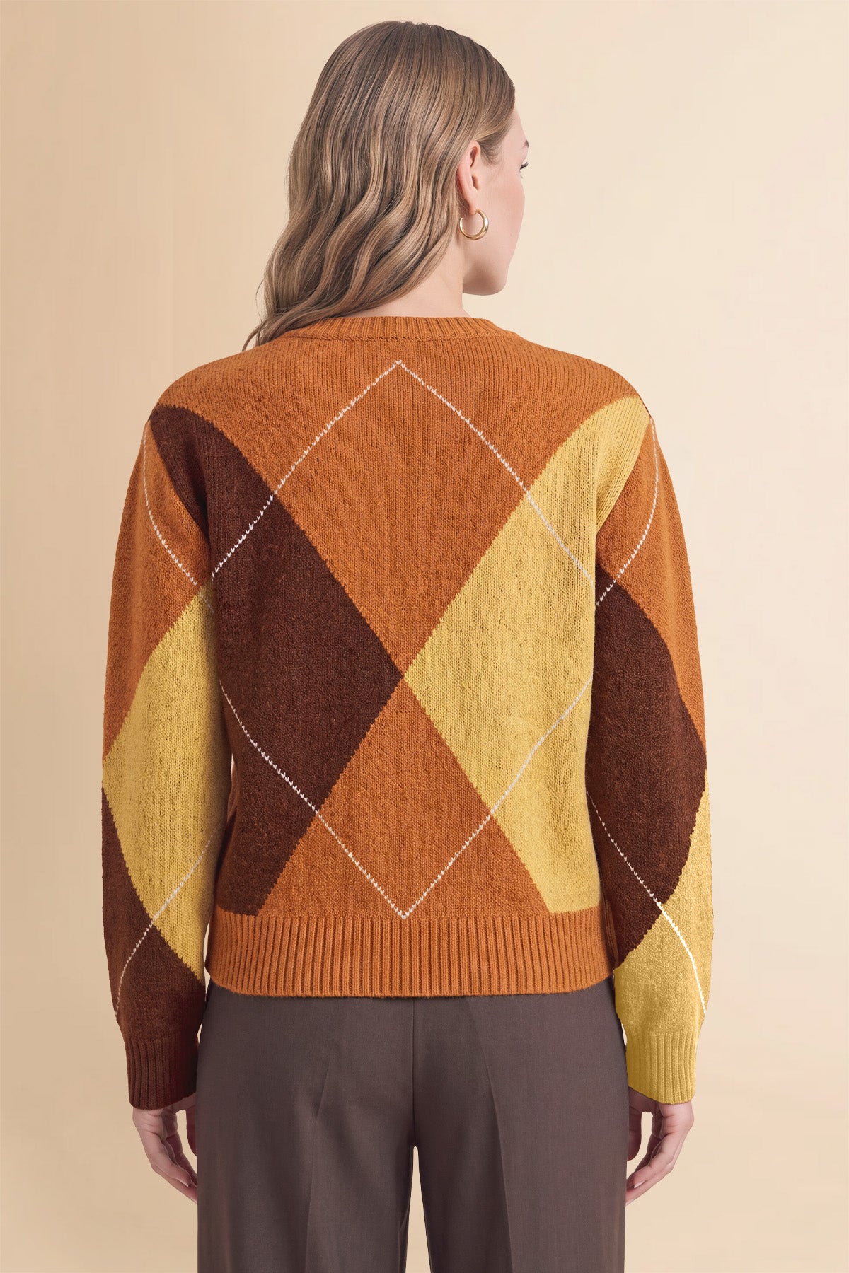 Womens Orange V Neck Argyle Sweaters | CicyBell