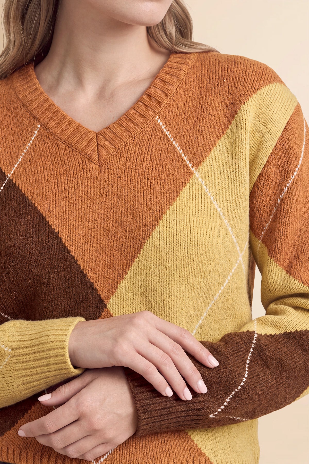 Womens Orange V Neck Argyle Sweaters | CicyBell