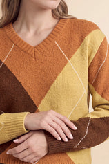 Womens Orange V Neck Argyle Sweaters | CicyBell