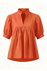 Womens Orange Red Puff Sleeve V Neck Blouse | CicyBell