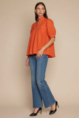 Womens Orange Red Puff Sleeve V Neck Blouse | CicyBell