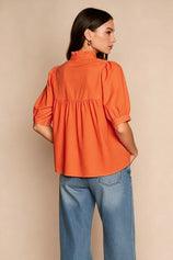 Womens Orange Red Puff Sleeve V Neck Blouse | CicyBell