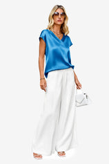 Womens Peacock Satin Cap Short Sleeve Blouses | CicyBell