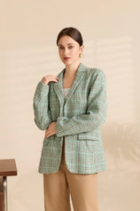 Womens Peacock Green Plaid Tweed Blazer Jacket | CicyBell