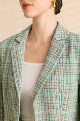 Womens Peacock Green Plaid Tweed Blazer Jacket | CicyBell