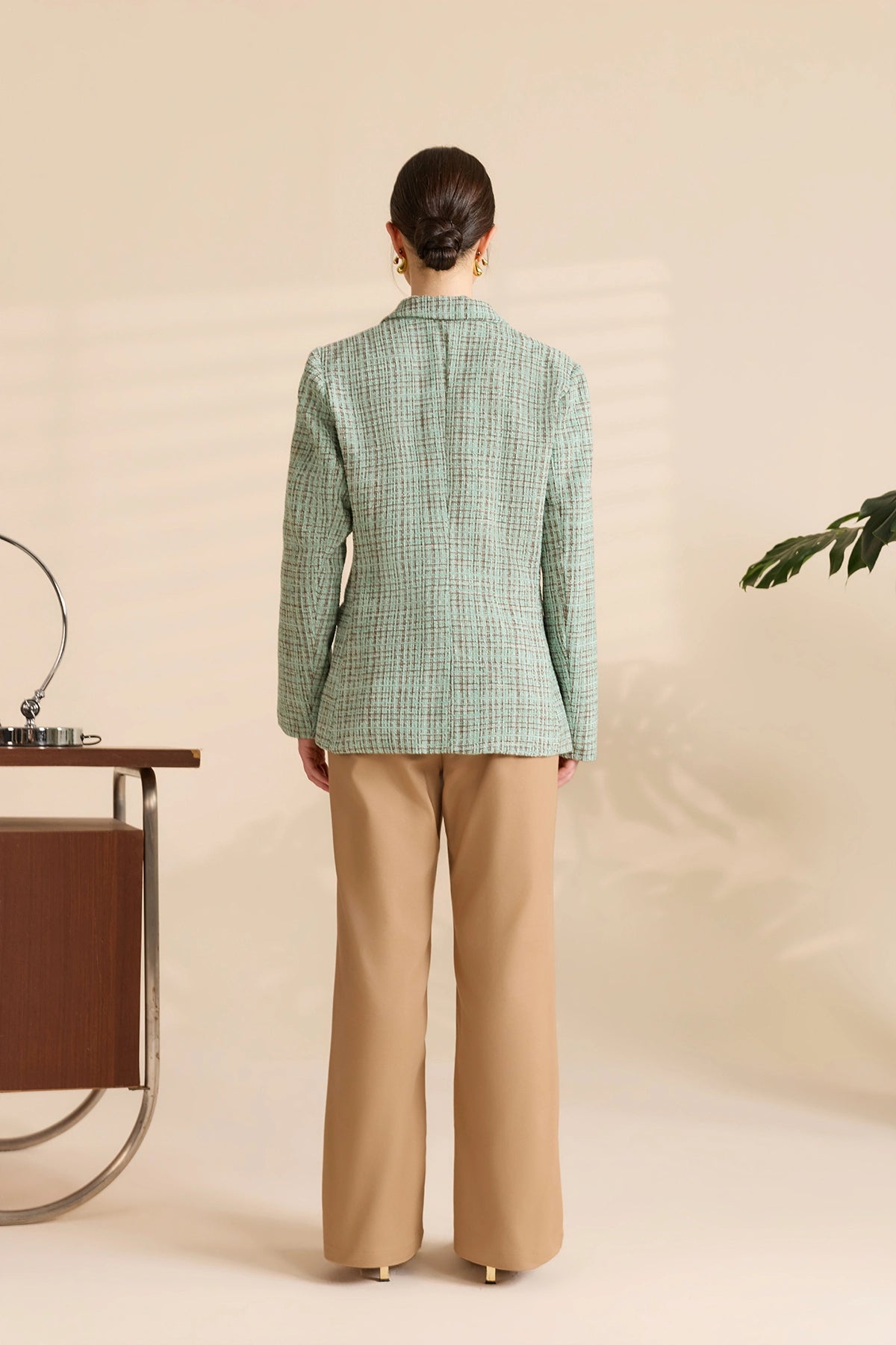 Womens Peacock Green Plaid Tweed Blazer Jacket | CicyBell