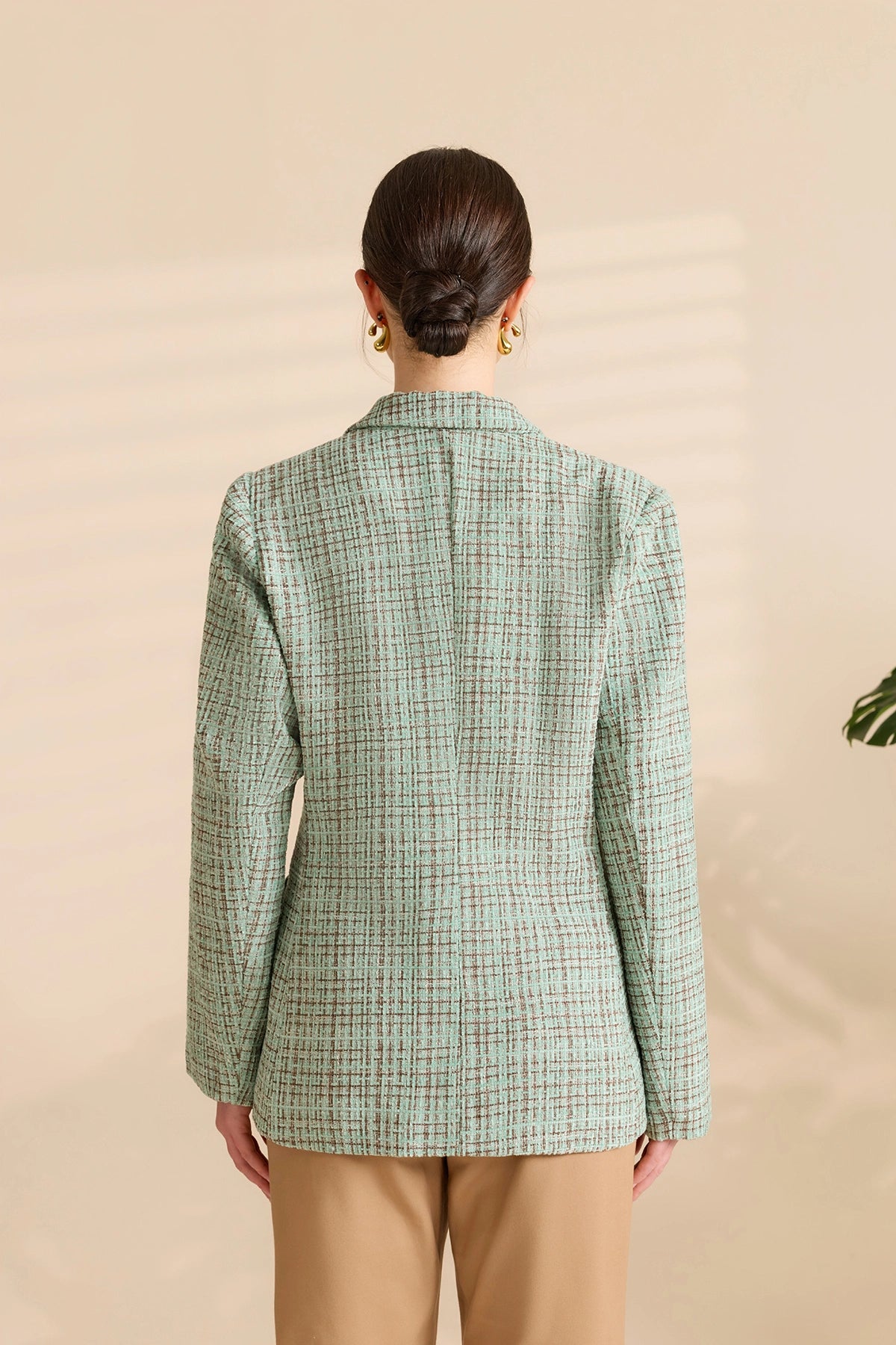 Womens Peacock Green Plaid Tweed Blazer Jacket | CicyBell