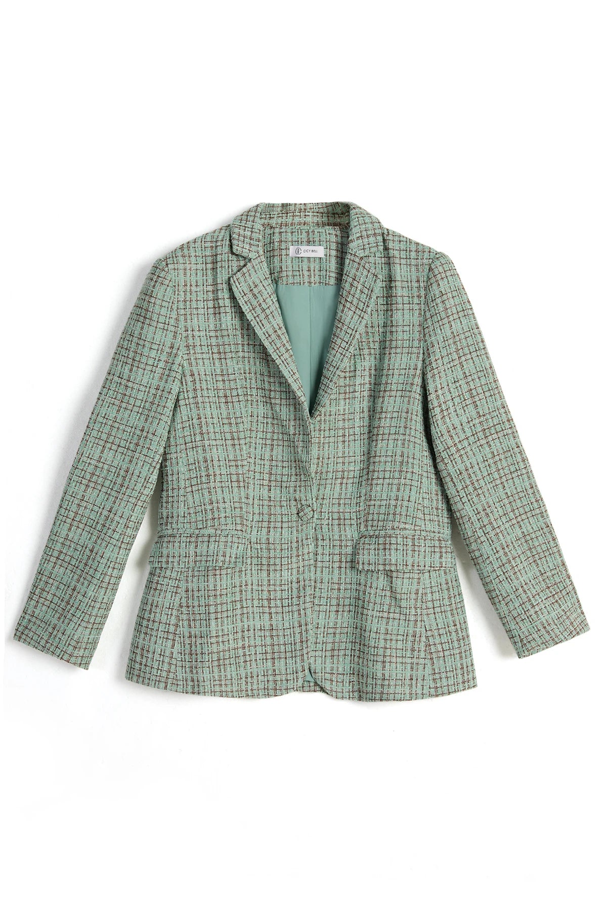 Womens Peacock Green Plaid Tweed Blazer Jacket | CicyBell