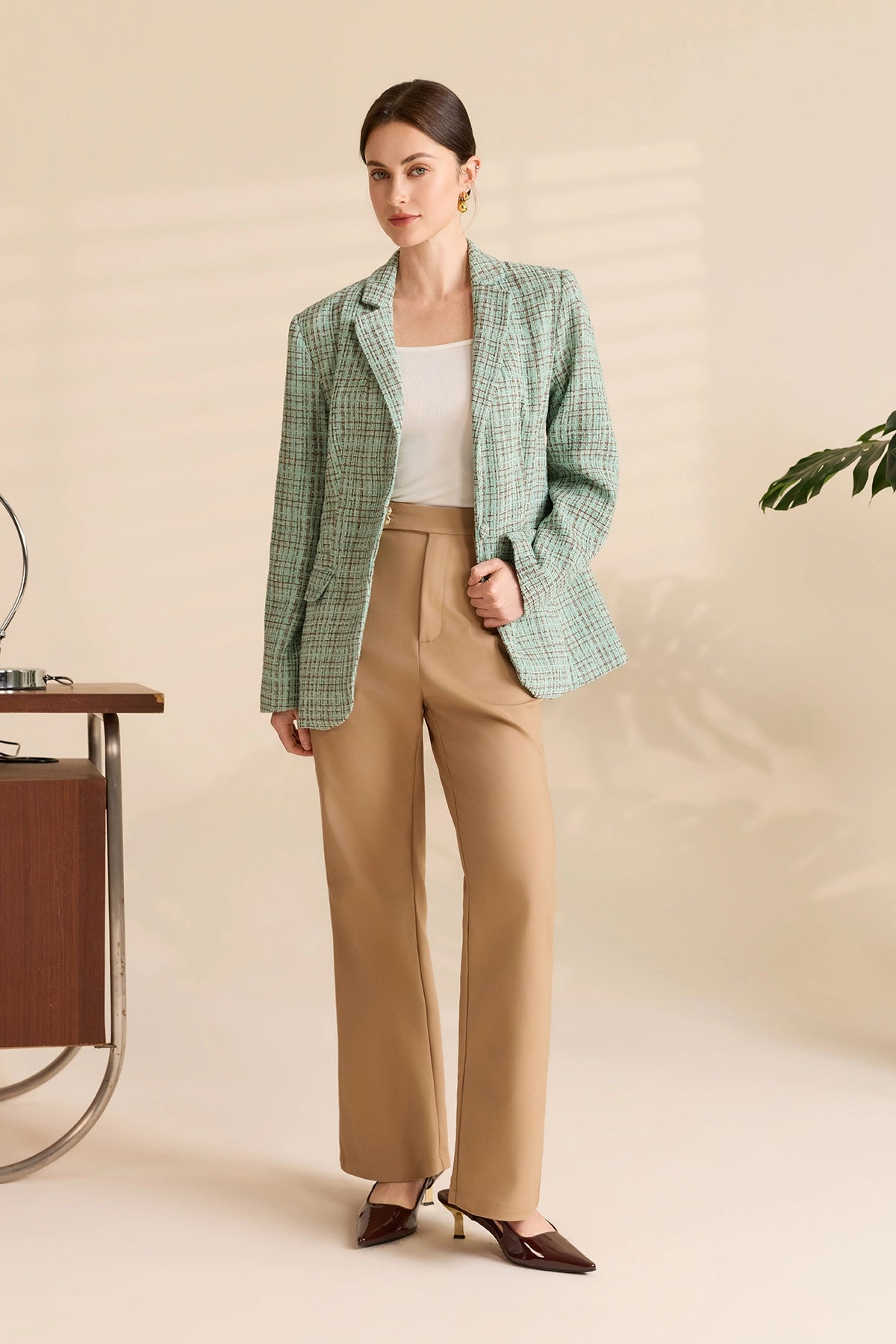 Womens Peacock Green Plaid Tweed Blazer Jacket | CicyBell