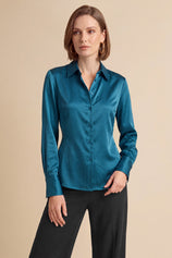 Womens Peacock Green Satin Button Down Shirt | CicyBell