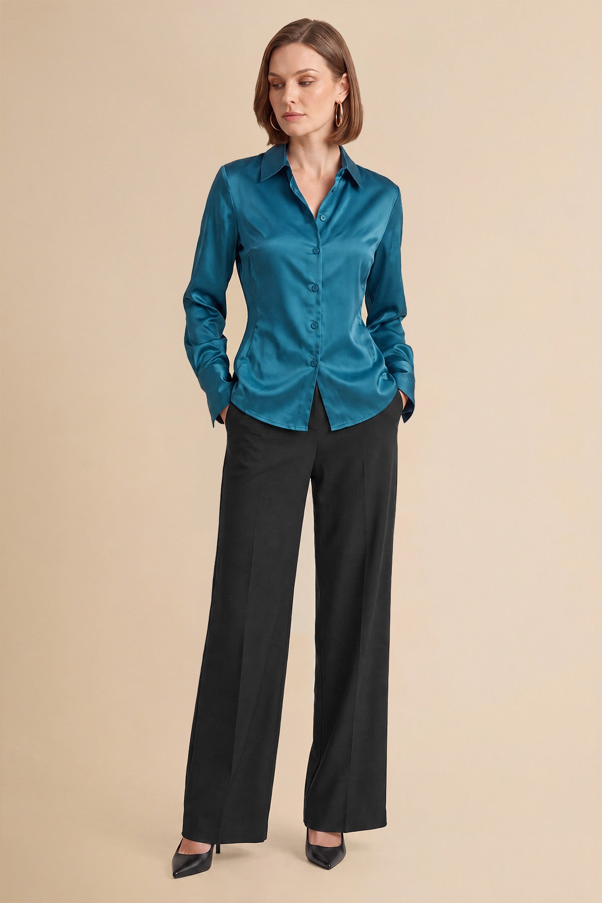 Womens Peacock Green Satin Button Down Shirt | CicyBell