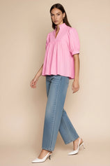 Womens Pink Puff Sleeve V Neck Blouse | CicyBell