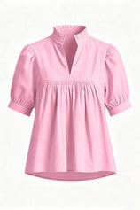 Womens Pink Puff Sleeve V Neck Blouse | CicyBell