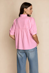 Womens Pink Puff Sleeve V Neck Blouse | CicyBell