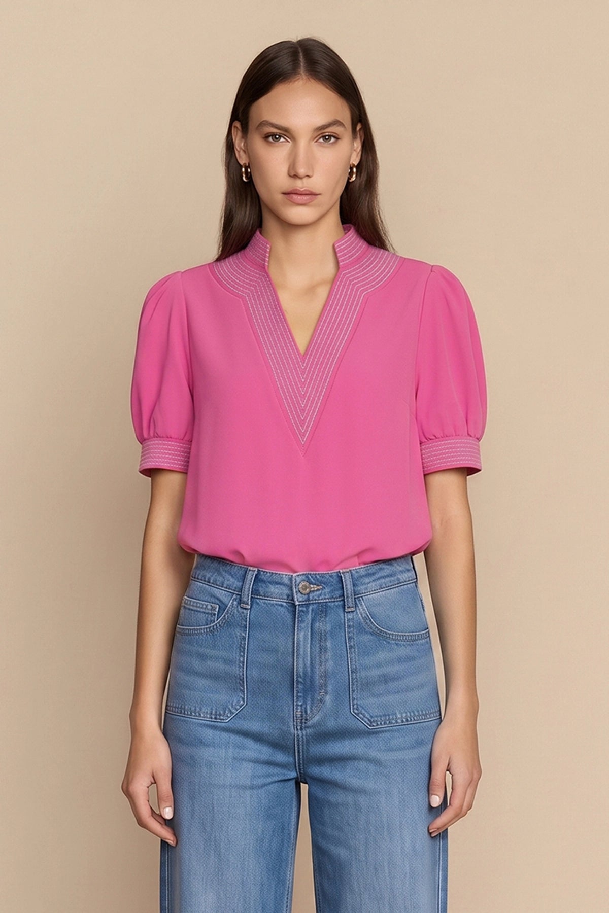 Womens Pink Puff Short Sleeve Blouses | CicyBell